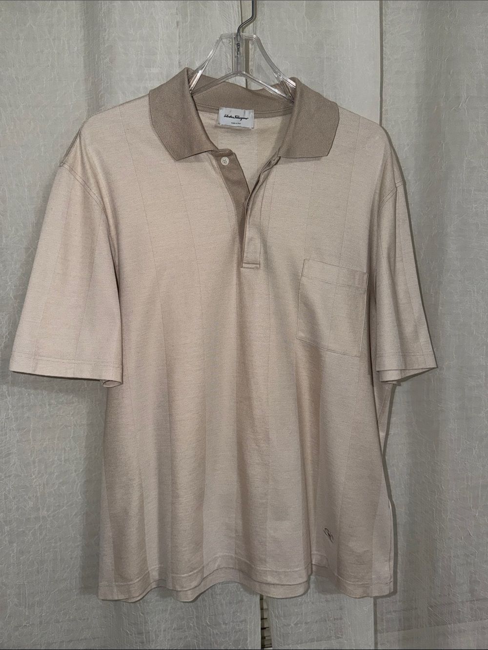 Salvatore Ferragamo XL Beige Pique Fine Knit Wide Stripes Short Sleeve Polo